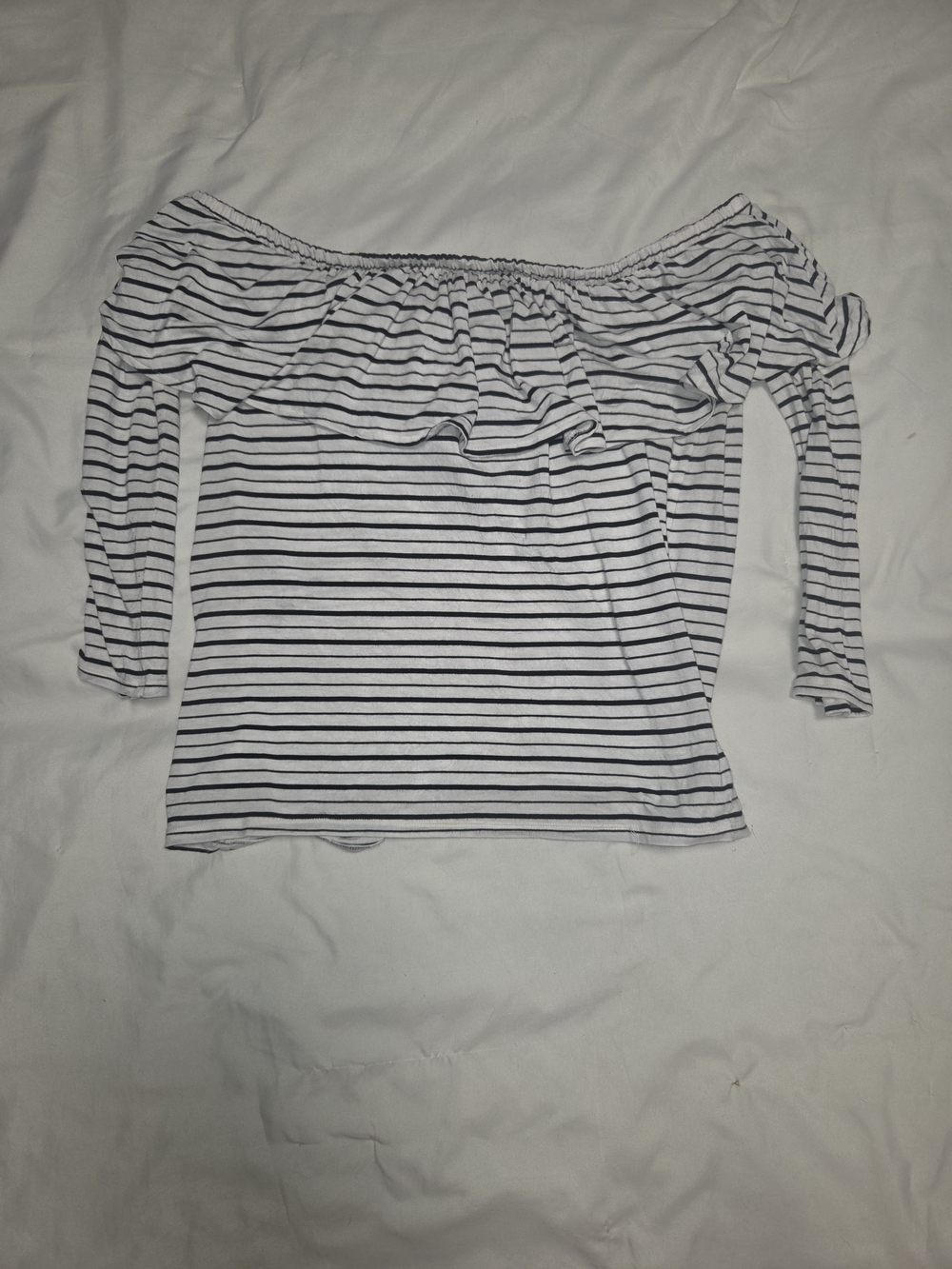 American Eagle Outfitters Off-Shoulder Stripe Long Sleeve Top - White & Black